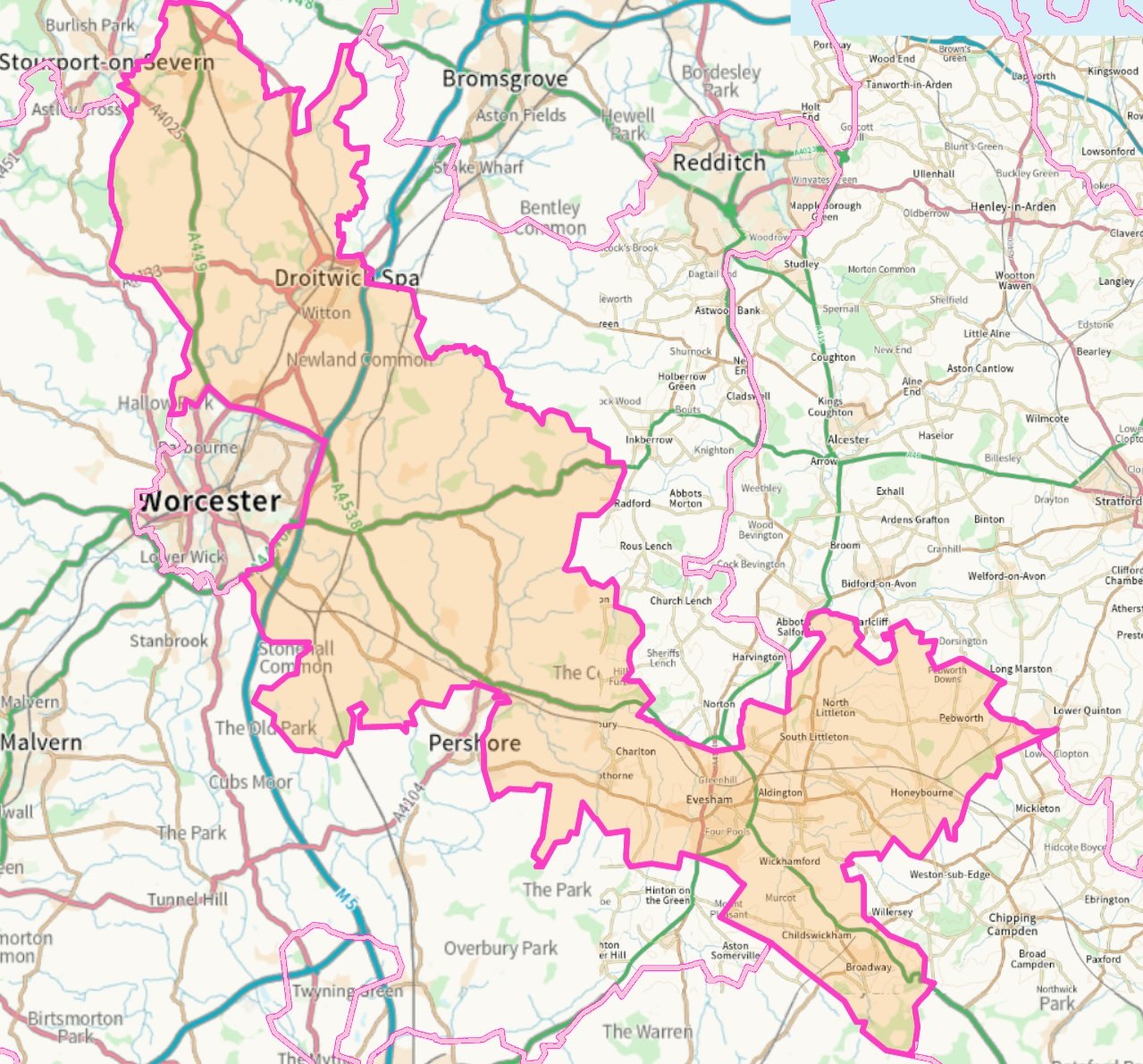 Map of area covered by Droitwich and Evesham constituency Labour Party, post 2024 boundary changes.