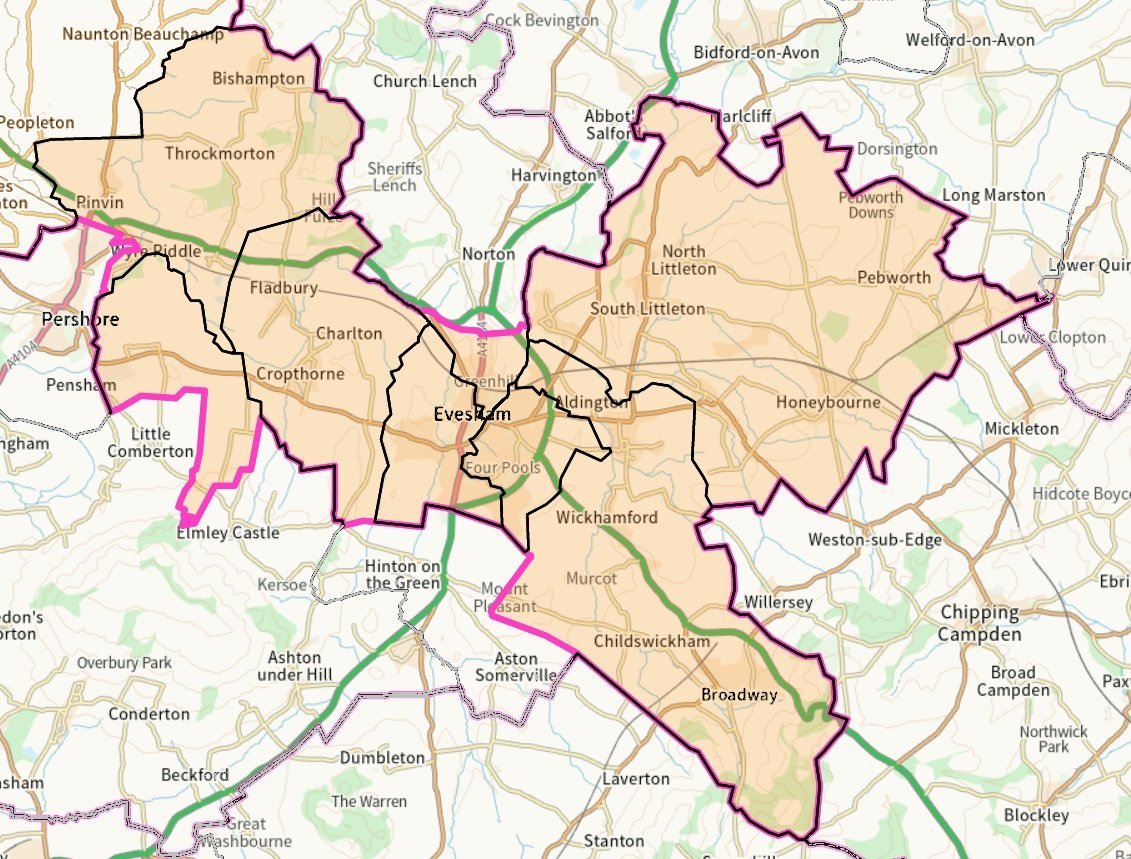 Map of area covered by Evesham branch Labour Party, post 2024 boundary changes.